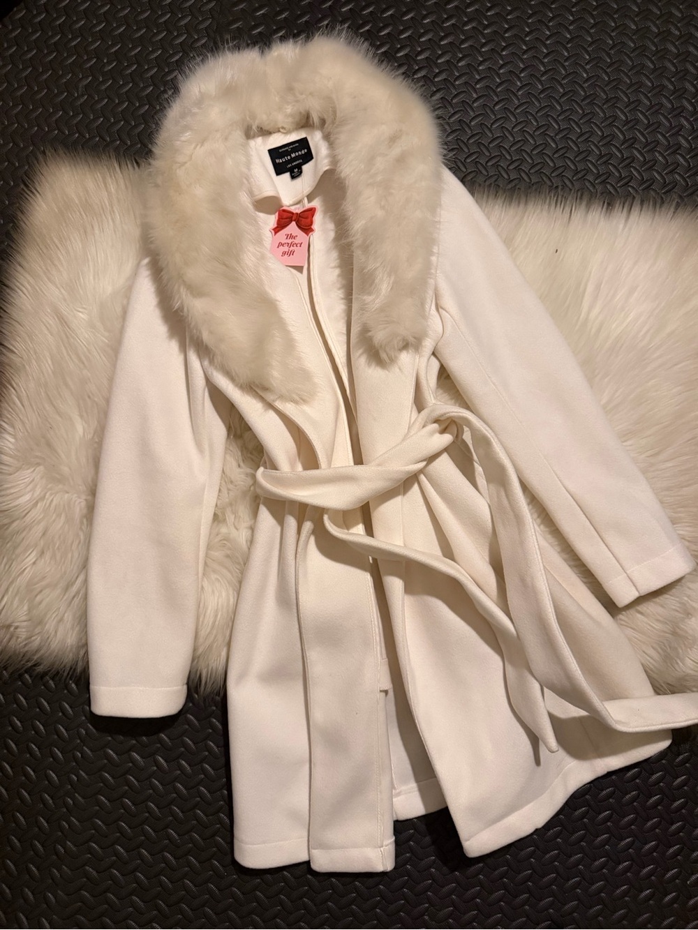 River Island Cream Belted Trench Coat with Faux Fur Collar